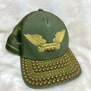 Robins Jean Mens Green Embellished Hat Studded Fitted Baseball Cap Rockstar Punk